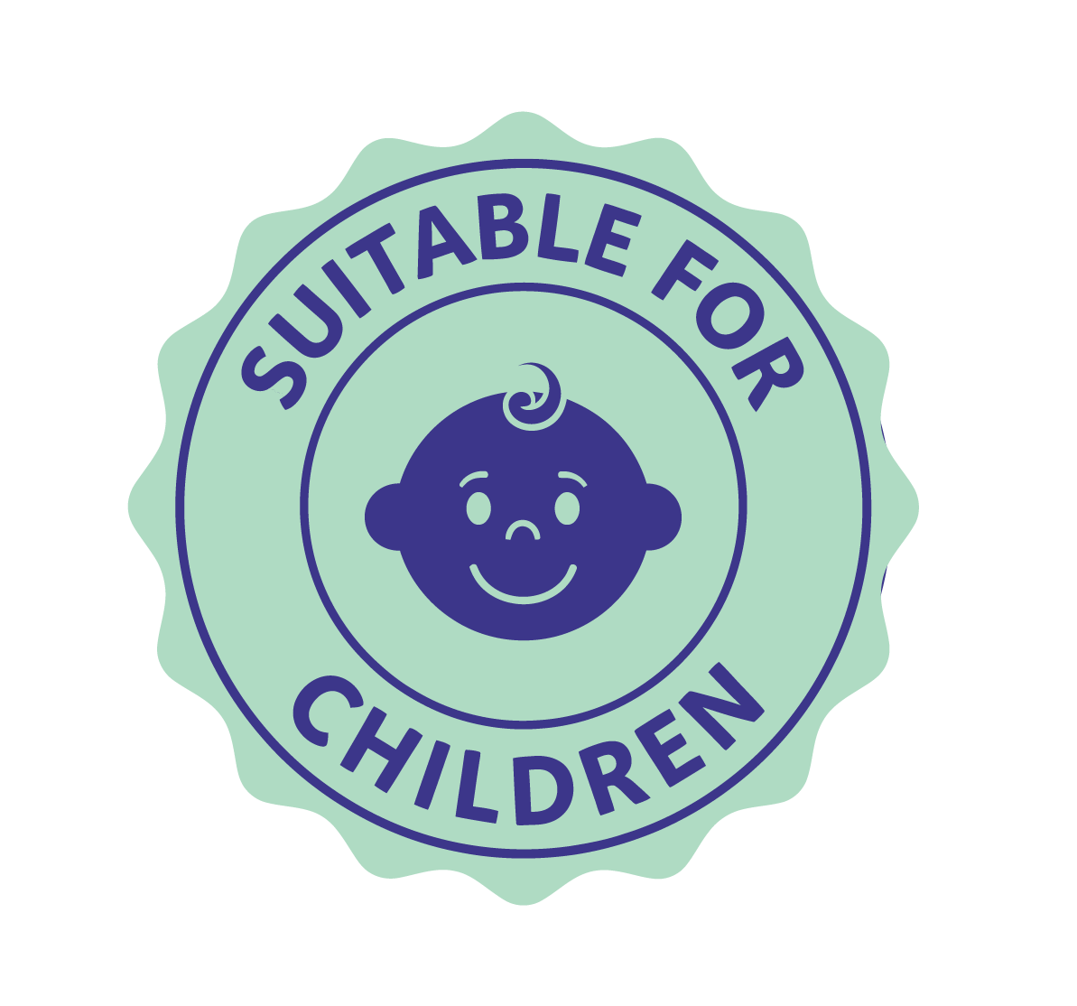 Circular logo with 'Suitable for Children' text and a baby icon on a light green background